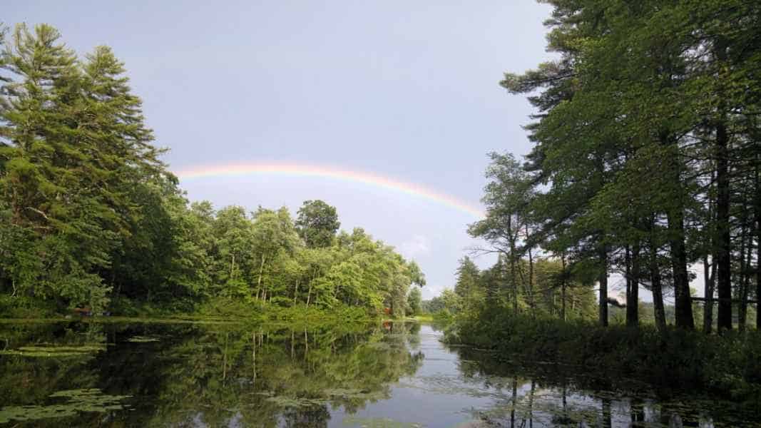 Rainbow Above Trees Near Lake in Barrington, New Hampshire