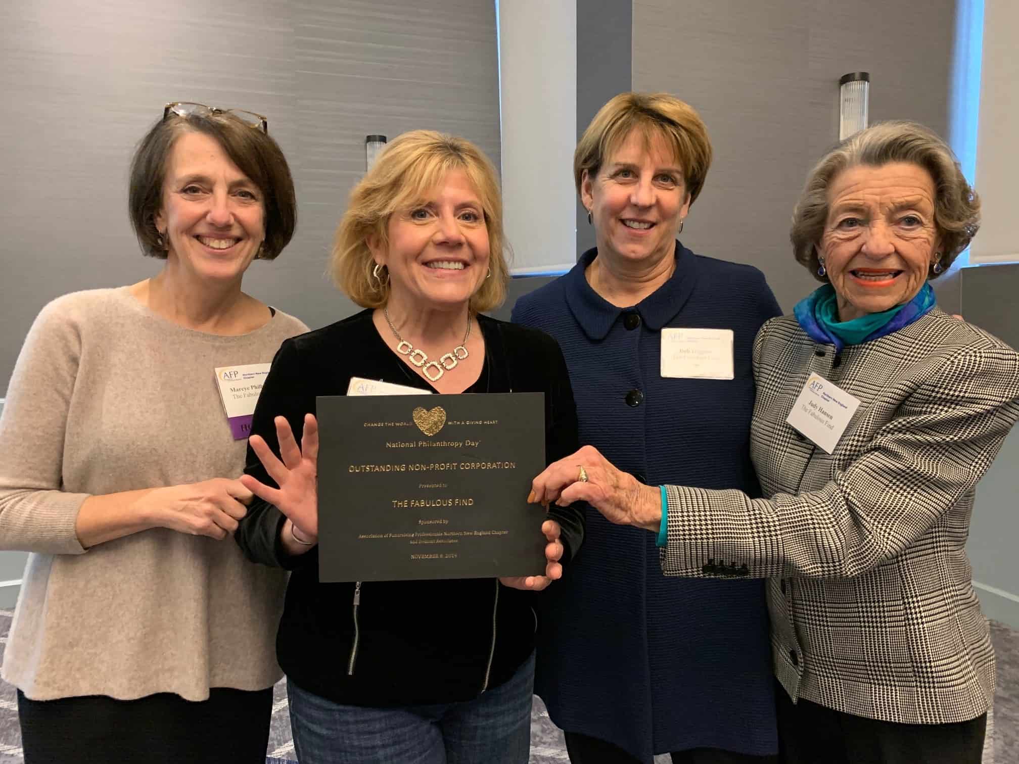 (l to r) Board Members Marcye Philbrook, President; Anne Hunter, Vice President and Store Manager; Deb Higgins, Treasurer; and Judy Hansen from The Fabulous Find accept their award.